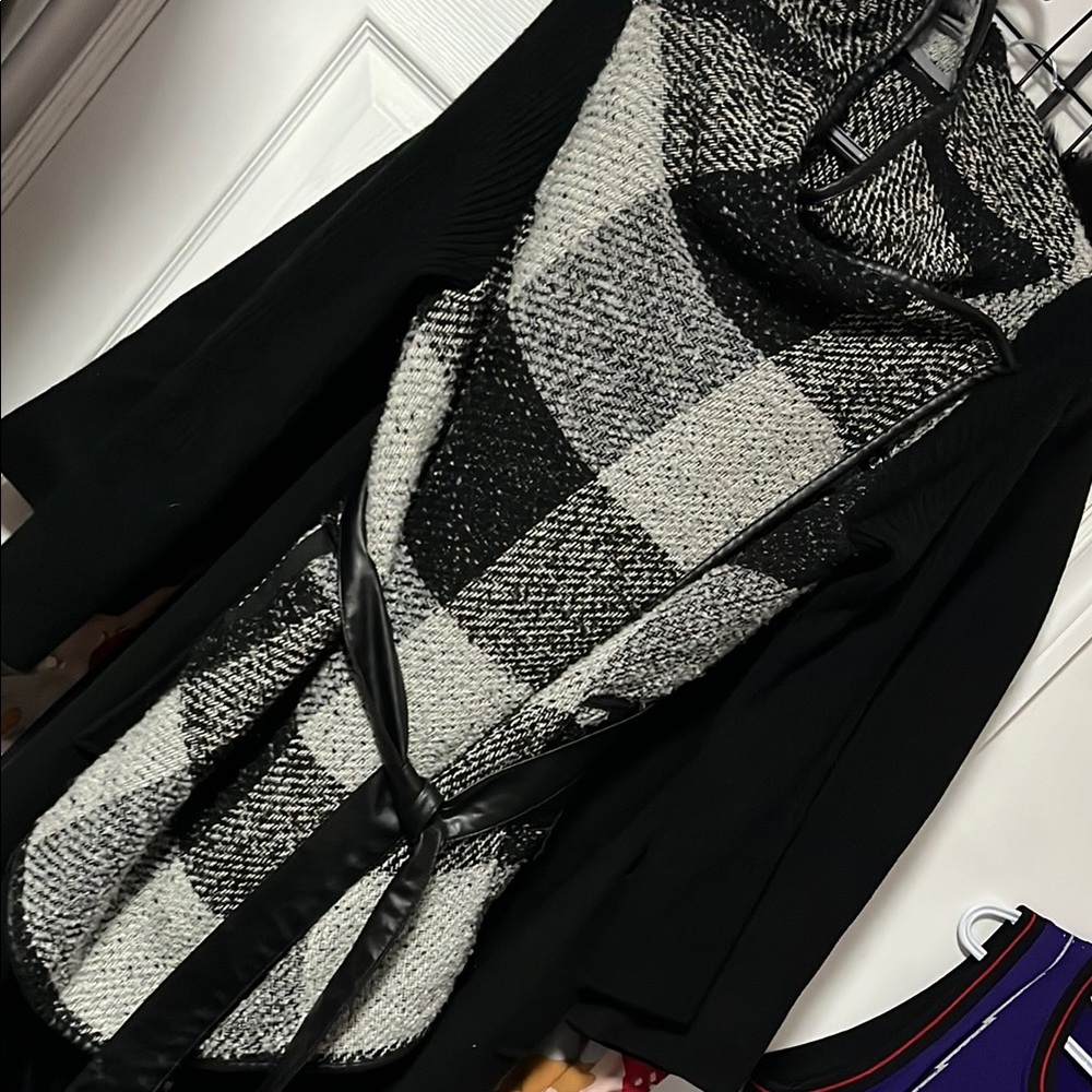 Chic Black and White Checkered wrap sweater coat with Belt